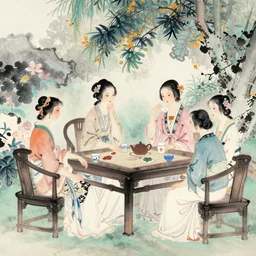 the traditional chinese painting of beautiful women having a board meeting in a summer garden, by victo ngai.