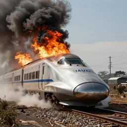 A Japanese bullet train, belching fire and smoke, film still from 'Mad Max'