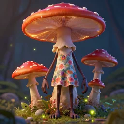 a dark skinned anthro mushroom with long arms and long legs wearing a floral dress, fireflies, vivid colours, ultra realistic,, cg society contest winner, behance contest winner, artstation, 4 k uhd art, unreal engine 5