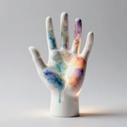 realistic photo of a a white resin latex hand covered in electric watercolor drips, front view, empty soft glowing space, emitting electric tesla aura radiation 1 9 6 0, life magazine photo, natural colors, metropolitan museum, kodak, 8 k, very detailed, high resolution, product photo,