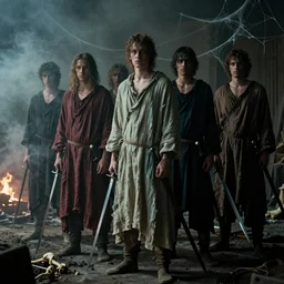 a film still of men wearing layered linen of many colors, holding swords, standing in a hazy room with a fire and smoke, dark, moody, very creepy atmosphere, film grain, spider webs, organic matter, bones —width 1024 —height 512 —steps 100