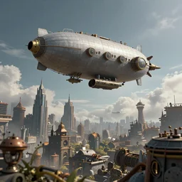 A steampunk airship flying through the clouds towards a towards a steampunk city