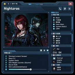 GUI for an app that visualizes nightmares, cyberpunk, horror, System Shock 2, Shin Megami Tensei, Deus Ex