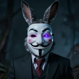 a detailed portrait of a creepy bunny wearing an anonymous guy fawkes mask dressed in a suit having neon eyes, epic, cinematic, very detailed, creepy, horror, dreamscape