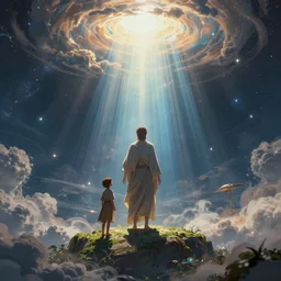the second coming of the prodigal son, by dan mumford and ross tran, cosmic, heavenly, god rays, intricate detail, cinematic, 8 k, cel shaded, unreal engine, featured on artstation, pixiv
