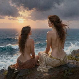a stunning matte landscape painting of a voluptuous and unbelievably beautiful sappho and her friend sitting on a cliff facing away from the camera in the rain watching the sunrise over the ocean, turbulent ocean in the background, intricate, elegant, highly detailed, artstation, ultra sharp focus, octane render, volumetric lighting, art by greg rutkowski and alphonse mucha