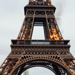eiffel tower is burning, realistic footage, natural lighting, realistic, sharp focus, very detailed, news feed