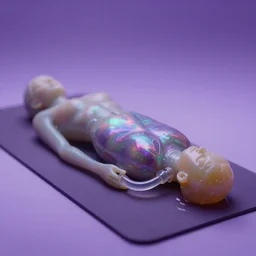 cinestill macro of iridiscent oil slick corpses connected by a transparent pipe to a wax form relaxing on yoga mat, faded, purple gradient, fog, depth of field, blur, very detailed, glitch, by nadav kander and hans bellmer, 8 k, ultrarealistic, ultradetailed, sad atmosphere, cinematic, 3 5 mm lens