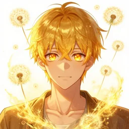 golden glowing luminescent dandelion male anime character, symmetrical, highly detailed, digital art, sharp focus, trending on art station, amber eyes, fire colours