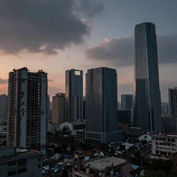A vista of an partially ruined high-tech city, there are sparse signs of human activity. Dusk. Dramatic sky. 4K.