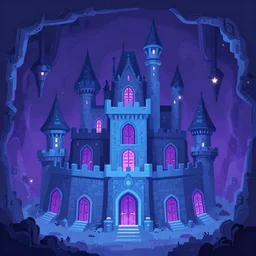 a subterranean magic castle surrounded by a mote, underground catacombs castle, digital illustration, a house of many doors art flat colors, blue and purple color scheme, pixel trickery studios game artwork,