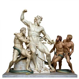 long line-up of  laocoon and his sons struggling with serpents, full body view, white background