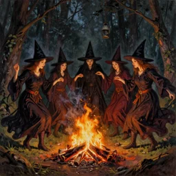 a beautiful painting of witches dancing over a fire pit in a forest by Bill Sienkiewicz, trending on Artstation