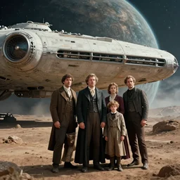 highly detailed, 513435456k film, 8400mm film still from a sci fi blockbuster color movie made in 2019, set in 1860, of a family standing in front of a spaceship that has just landed on an alien planet, the family are all wearing 1860s era clothes, good lighting, good photography, ultra high definition