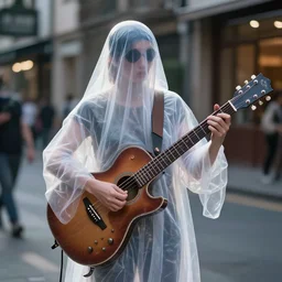 transparent ghost with a guitar, street photography, aperture 1. 0, sharp focus