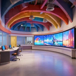 colorful nbc newsroom, industrial arches, colorful ceiling, vents and ducts, curved walls, tiled floor, large hd monitors, octane render, unreal engine 5, ray tracing, depth of field