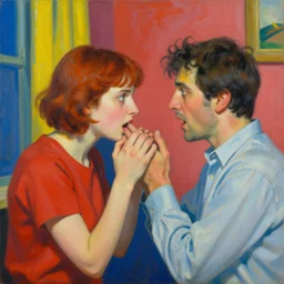 unbelivable tension between two people, surreal, vivid colors, painting by Alexander Mandradjiev, part by Yoji Shinkawa, part by Norman Rockwell