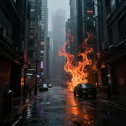 dark street in a cyberpunk metropolis, heavy rain, by William-Adolphe Bouguerea, Jordan grimmer, fractal flame. Highly_detailded