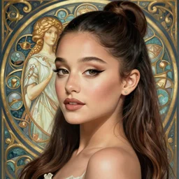 Ariana Grande as God of Beauty, cute, fantasy, intricate, elegant, highly detailed, digital painting, 4k, HDR, concept art, smooth, sharp focus, illustration, art by alphonse mucha,artgerm, H R Giger