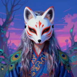 a photorealistic portrait of a kitsune with long fluffy furs and ears wearing a painted fox skull mask, clothes themed on a peacock mage, painting by jeff easley, stylized, neon, vhs, 8 0 s, dnd beyond, chromal aberration, fae wilds sky