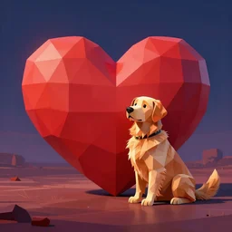 low poly, pixar, love, love, heart, golden retriever dog, magic realism, red, vivid colors by andy kehoe and amanda clarke y shamsia hassani