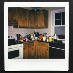 paranormal polaroid of very messy kitchen, kodachrome, 3 5 mm film