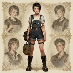 a full body portrait beautiful androgynous punk girl with short hair and beautiful eyes, beautiful face, wearing tall combat boots, who is a mechanic wearing overalls carrying a bag, digital concept art, detailed digital painting, ornate decorative background, very aesthetic!!!!!!, by j. c. leyendecker and edward blair leighton and charlie bowater, trending on artstation