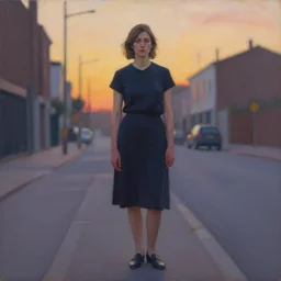 portrait of a woman standing in an empty street by john chamberlain, sunset colors