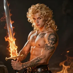 a beautiful young tatooed male fantasy warrior with blond curly hairs, fit, armed with a flaming sword