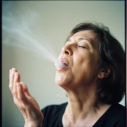 analog photographic portrait with 5 0 mm lens and f / 1 2. 0 of a 6 5 years old woman woman with her eyes closed and spurting from her mouth a white viscous fluid floating in the air. with a slight variation of light in the liquid and gesture.