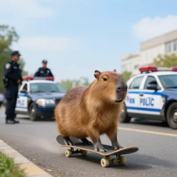 capybara on skateboard being chased by police cars , 4k , HD , cops are looking for capybara