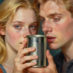 A beautiful close-up of a couple holding a tin can, blonde hair, digital art by Edward Hopper, vibrant color scheme, highly detailed, in the style of romanticism, fine Art, high detail, great lighting, 8k resolution, masterpiece, concept art, illustration, clear eyes, soft lighting, soft details, painting oil on canvas, octane render, HDR, trending on artstation, 4k, 8k, HD
