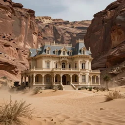 a large, victorian mansion covered in sand in a humongous canyon. surreal, dream like