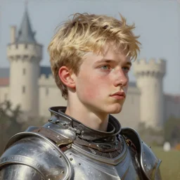 a blonde male teenager wearing a silver plate armor, digital painting, digital art, oil painting, masterpiece, realistic and detailed face, profile picture, realistic, highly detailed, high quality, 4 k, symmetrical, low contrast, trending on deviantart, soft colors, soft lighting, face portrait, harmonious, beautiful, elegant, anatomically correct, castle in the background, bokeh, dof, beautiful
