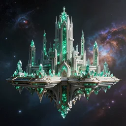cinematic shot of a sci-fi space station with ornate Elven architecture floating in outer space, epic castle, epic nebula, artstation, sharp focus, realistic 8k, emerald, crystalline, octane render, nvidia raytracing demo