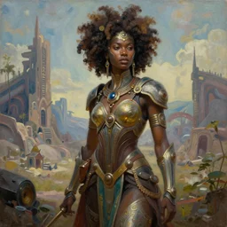 a beautiful oil on canvas of a futuristic afrofuturistic warrior, ornate, detailed, intricate, beautiful, stunning, post - apocalyptic landscape in the background, epic sky, vray render, artstation,, pinterest, sci - fi, afrofuturism, 5 0 0 px models
