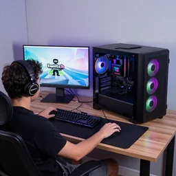 twitch streamer stream setup, rgb lights, tower pc, headset, mouse, keyboard, comfy chair