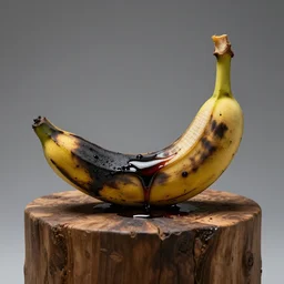 studio 3 point lighting a withering black and moldy banana decays on a wooden pedestal, dark ooze of liquid seeps from the banana skin and stains, award winning