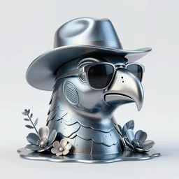 a quetzalcoatl head made out of melting metal, cold palette, it is wearing sunglasses and a hat, there are flowers all around it, vogue cover style, demonic style, smooth fractal style, ethereal fantasy style, 3 d perfect render style, horror style, leonid afremov style