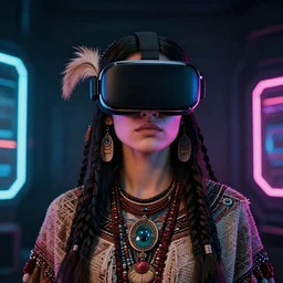 vertical portrait of ancient iroquois female with vr glasses and cyberpunk style, standing in the dark room, under neon, extremely fine detail background, highly detailed, detailed eyes, high quality, fashion editorial photography, hyperrealistic, from vogue magazine