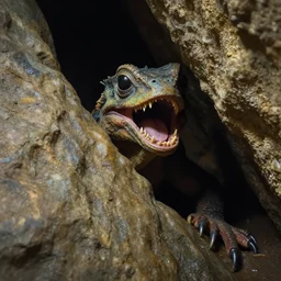 photo inside a cavern of a wet reptilian humanoid sun ra partially hidden behind a rock, with black eyes, open mouth and big teeth