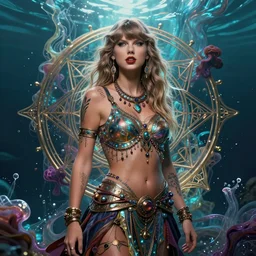 a centered render of taylor swift as a mytical festival hippy with tribal tattoos wearing intricate metallic clothing surrounded by a underwater ink pour and flowing liquid gallium and sacred geometry, perfect body and face, gorgeous, cinematic, beautifully lit, by peter kemp, by karol bak, by donato giancola, 3 d, trending on artstation, octane render, 8 k