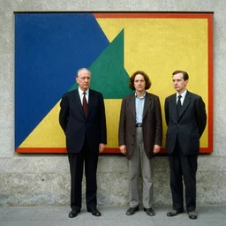 neoplasticism, a couple of people standing next to each other, colorized, photo taken with provia, movie still, by László Moholy-Nagy, a colorized photo, flickr