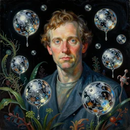 a dark colorful portrait painting of a scientist with floating orbs covered in liquid chrome mercury. botanic, futuristic atmosphere, black background. highly detailed science - fiction painting by norman rockwell, moebius, frank frazetta, and syd mead. rich colors, high contrast. artstation