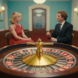 a roulette in a casino in the style of wes anderson, lola dupre, david hockney, isolated on negative white space background dark monochrome neon spraypaint accents volumetric octane render