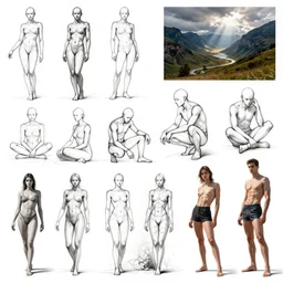 posing reference sheet, digital sketch, many poses, gesture drawing, little detail, study,