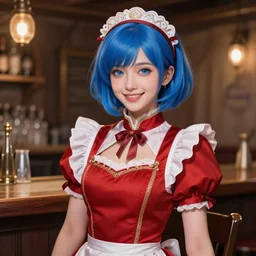 a smiling happy beautiful barmaid with short blue hair wearing a red dress in a rustic saloon, beautiful blue eyes, fantasy, intricate and very beautiful and elegant, highly detailed, digital painting, artstation, concept art, smooth and sharp focus, illustration, art by tan zi and ayanamikodon and alphonse mucha and wlop
