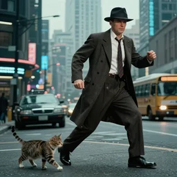 hardboiled detective in 1940s attire pursuing a cat in cyberpunk city