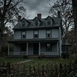 ultra realistic color photo of a spooky two storey colonial home in the overgrown new england countryside in 1 9 2 5, highly detailed, dark, atmospheric, brooding, lovecraft, in the style of paul carrick