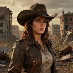 fallout 5, charismatic beautiful, rugged, brunette female protagonist wearing a cowboy - hat, portrait, outdoors ruined cityscape, atmospheric lighting, painted, intricate, volumetric lighting, beautiful, spring, sharp focus, warm deep colours, ultra detailed, by leesha hannigan, ross tran, thierry doizon, kai carpenter, ignacio fernandez rios